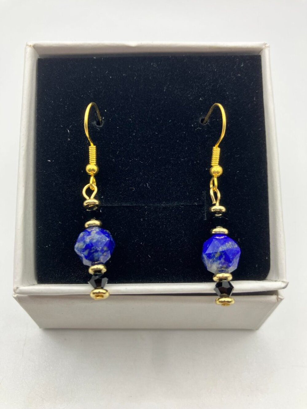 6mm Faceted Lapis Lazuli Beads with Black Swarovski Crystals Gold Hypo Hooks NEW